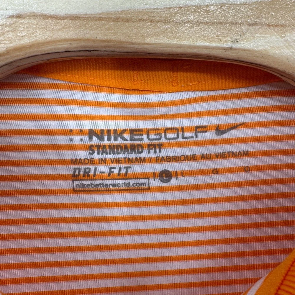Nike Golf Polo Shirt Mens Large Orange White Stripe Dri-FIT Standard Fit Atletic